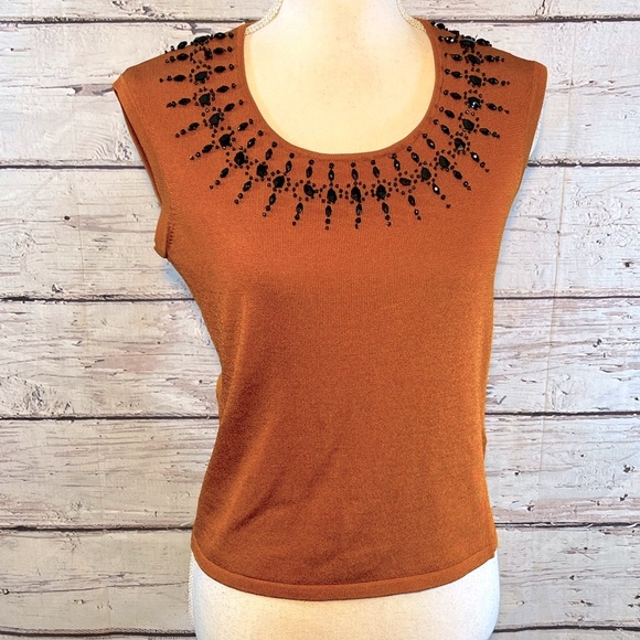 JONES NEW YORK Sleeveless Top with Black Beaded Neckline Rust-PM - Picture 1 of 3